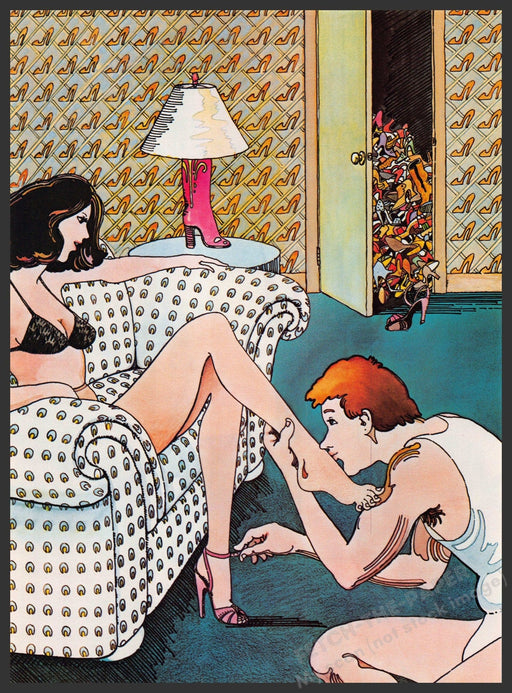 Werner Kappes Artist 1980s Magazine Illustration 1981 Couple Guy Kissing Foot Fetch-the-Paper