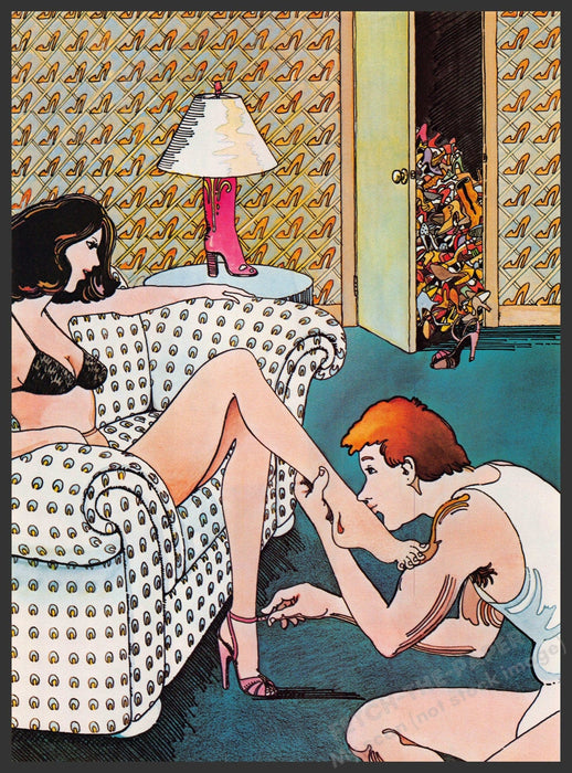 Werner Kappes Artist 1980s Magazine Illustration 1981 Couple Guy Kissing Foot Fetch-the-Paper