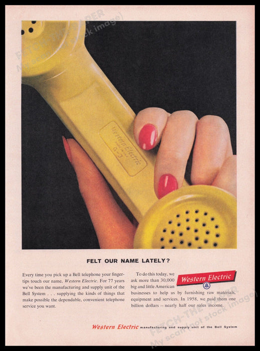 Western Electric Yellow Telephone Receiver 1950s Print Advertisement Ad 1959 Fetch the Paper!