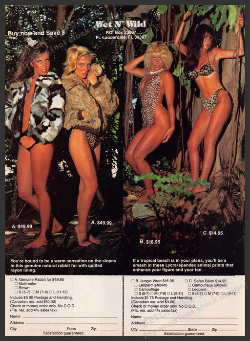 Wet n' Wild Swimwear 1980s Print Advertisement 1981 Jungle Women Wet n' Wild