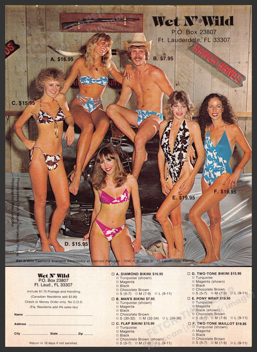 Wet n' Wild Swimwear 1980s Print Advertisement 1982 Legs Cow Pattern Fetch-the-Paper