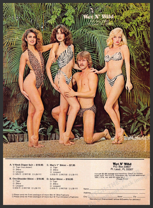 Wet n' Wild Swimwear 1980s Print Advertisement 1982 Safari Animal Print Fetch-the-Paper