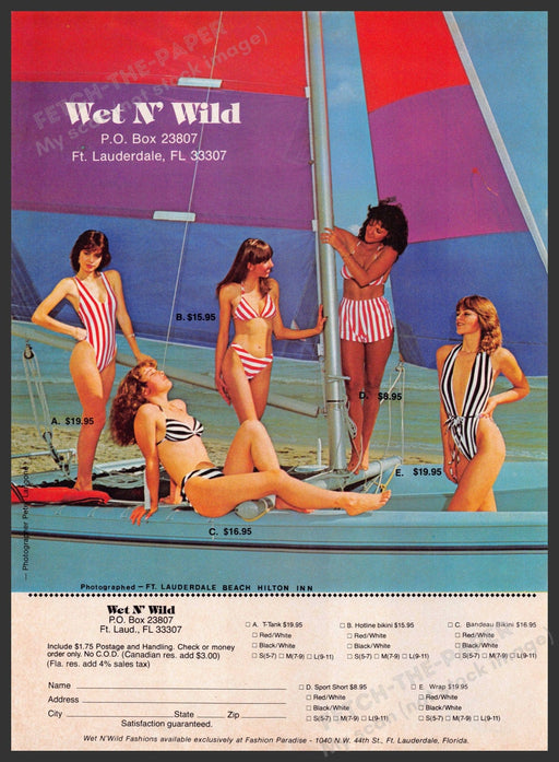 Wet n' Wild Swimwear 1980s Print Advertisement 1982 Striped Sailboat Fetch-the-Paper