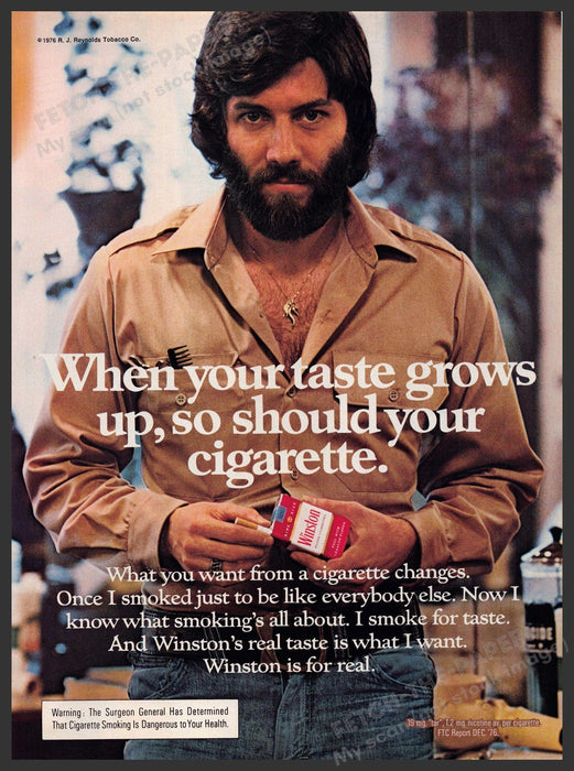 Winston 1970s Magazine Print Advertisement 1977 Beard Grown up Taste Winston