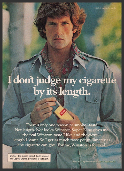 Winston Cigarettes 1970s Print Ad 1976 "I don't judge my cigarette by length" Fetch-the-Paper