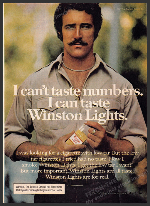 Winston Lights 1970s Print Advertisement 1977 Mustached Man Fetch-the-Paper