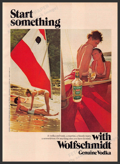 Wolfschmidt 1970s Print Advertisement 1976 "Start something" Couple Beach Sail Fetch-the-Paper