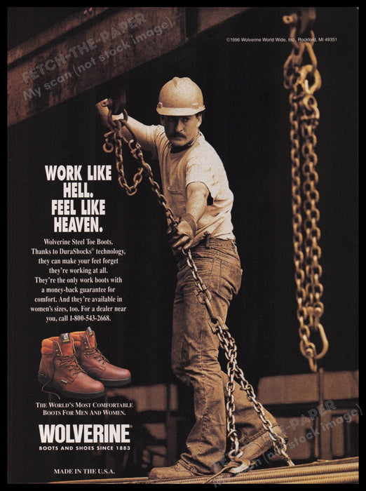 Wolverine Boots 1990s Print Advertisement Ad 1997 "Work like hell. Feel Heaven" Fetch the Paper!