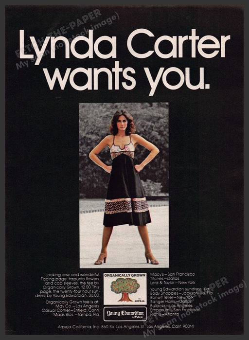 Young Edwardian "Lynda Carter wants you" 1970s Print Advertisement 1977 Legs Young Edwardian