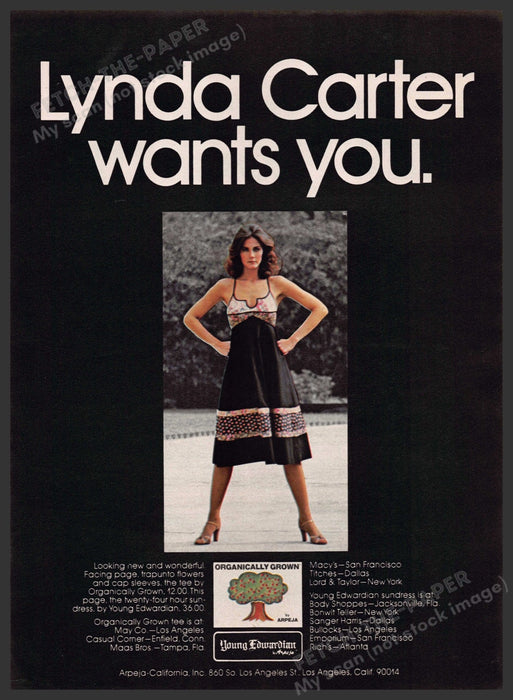 Young Edwardian "Lynda Carter wants you" 1970s Print Advertisement 1977 Legs Young Edwardian