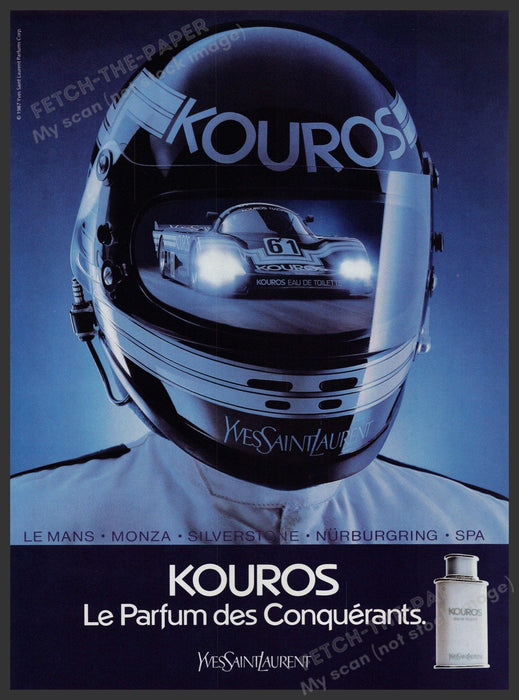 Yves Saint Laurent Kouros 1980s Print Advertisement Ad 1987 Helmet Car Racing Fetch-the-Paper