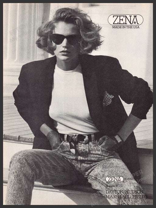 Zena Jeans 1980s Magazine Print Advertisement 1987 Stonewash Sitting Zena