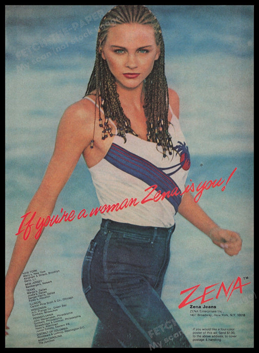 Zena Jeans 1980s Print Advertisement Ad 1980 Model Cornrows Ocean Fetch the Paper!