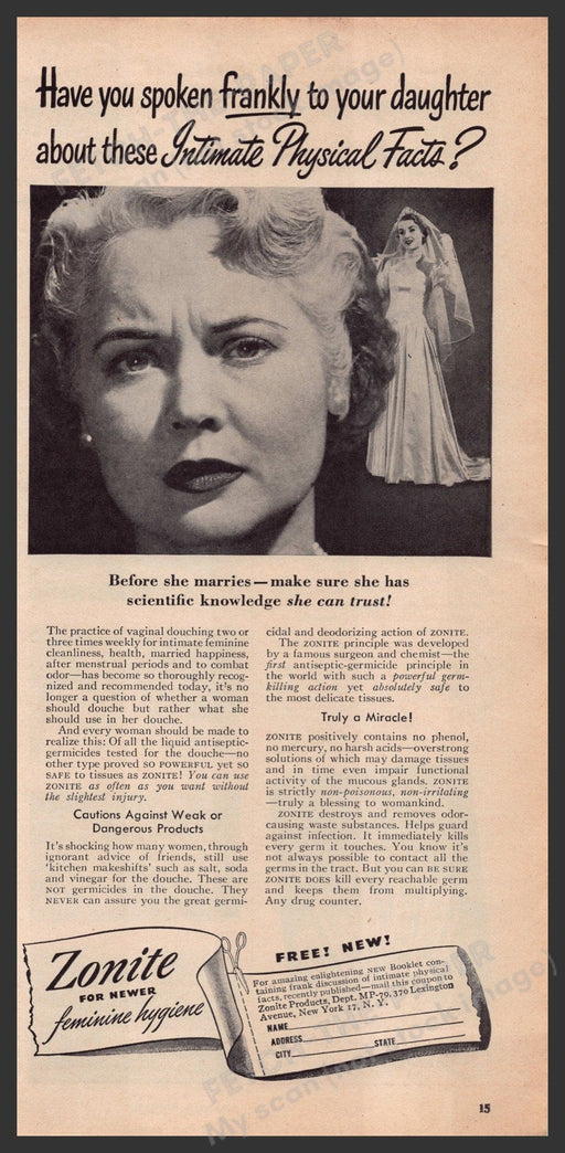 Zonite Feminie Hygiene Product 1940s Print Advertisement Ad 1949 Daughter Talk Fetch-the-Paper