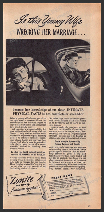 Zonite Feminine Hygiene 1940s Print Advertisement Ad 1949 Wrecking her marriage Fetch-the-Paper