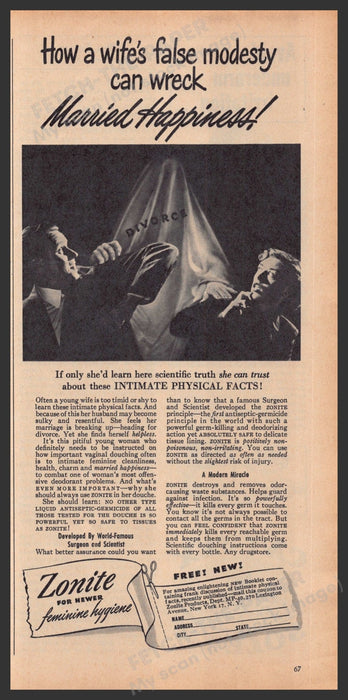 Zonite Feminine Hygiene Product 1940s Print Advertisement Ad 1949 "Wife modesty" Fetch-the-Paper