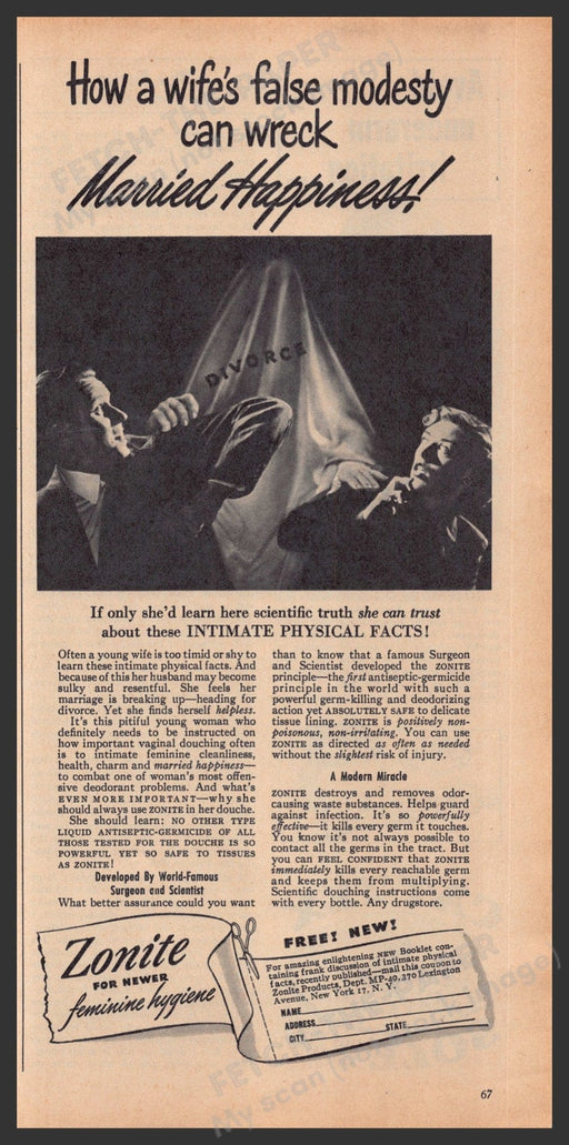 Zonite Feminine Hygiene Product 1940s Print Advertisement Ad 1949 "Wife modesty" Fetch-the-Paper