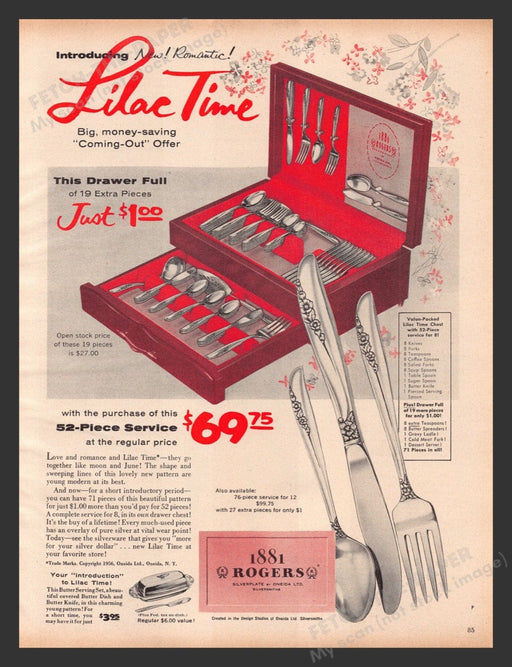 1956 1881 Rogers "Lilac Time" Silverware Service Print Advertisement Ad