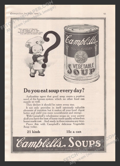 1920 Print Advertisement Campbell's Soup Can Vegetable Kid Ad.