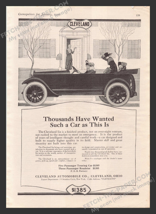 1920 Print Advertisement Cleveland Automobile Co. Six Car Illustration Ad.