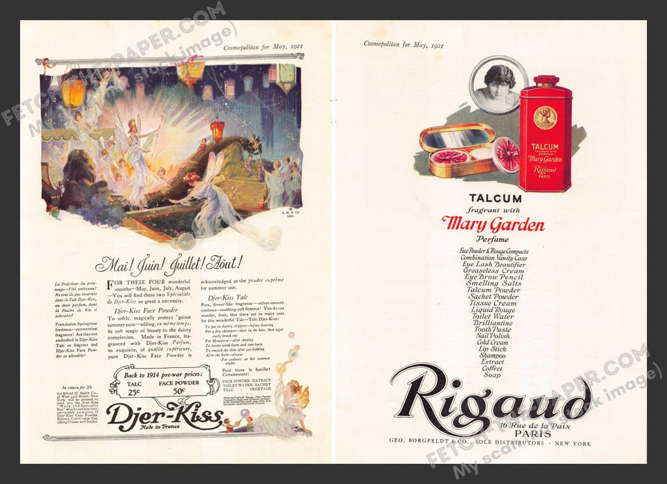 1921 Print Advertisements Front / Back Djer-Kiss & Rigaud Ad.