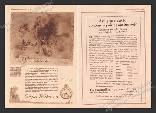 1921 Print Advertisements Front / Back Elgin Watches & Cosmopolitan Service Ad.