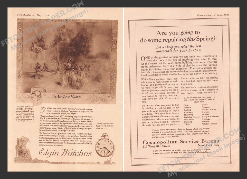 1921 Print Advertisements Front / Back Elgin Watches & Cosmopolitan Service Ad.