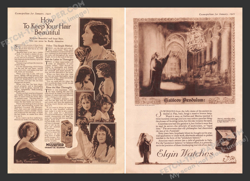1921 Print Advertisements Front / Back Elgin Watches & Watkins Mulsified Oil Ad.