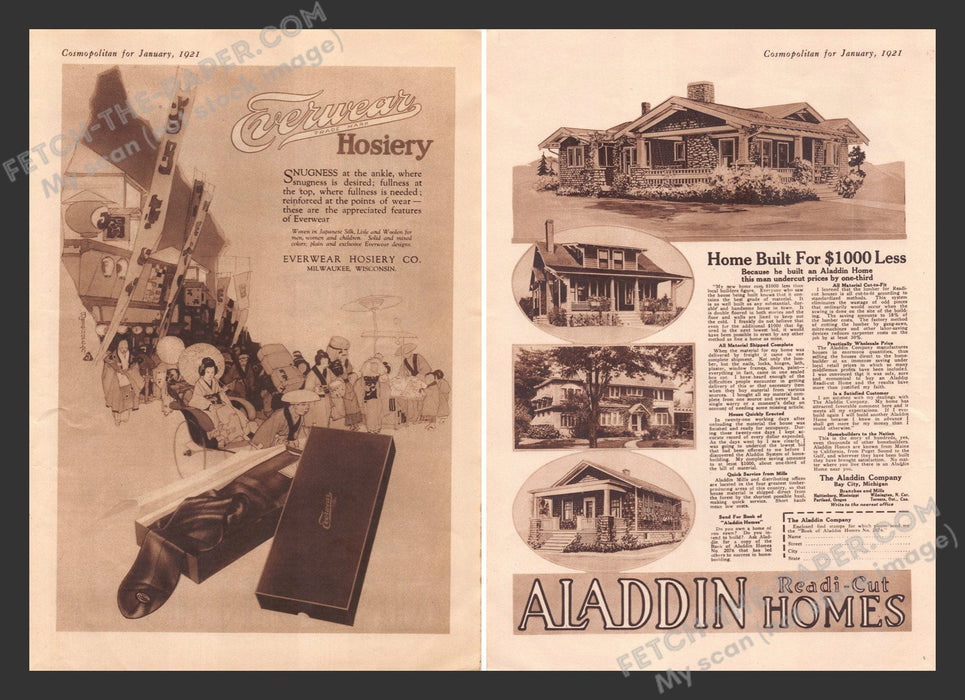 1921 Print Advertisements Front / Back Everwear Men's Hosiery & Aladdin Homes Ad.