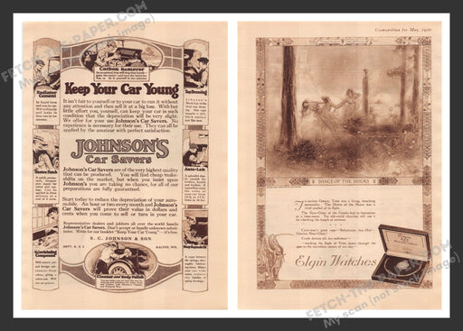 1920 Print Advertisement Front & Back Johnson's Car Savers & Elgin Watches Ad.