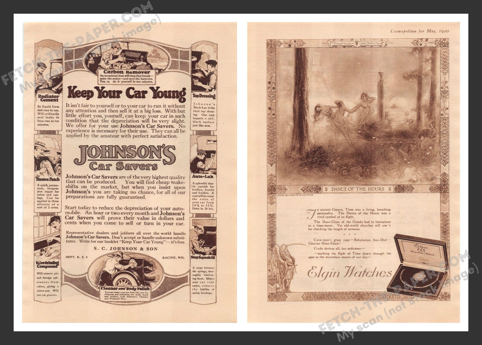 1920 Print Advertisement Front & Back Johnson's Car Savers & Elgin Watches Ad.