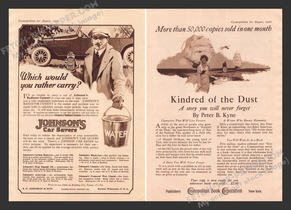 1920 Print Advertisements Front / Back Johnson's Car Savers & Kyne Book Ad.