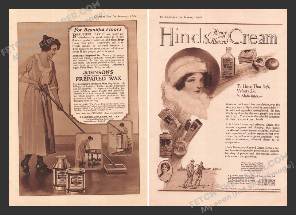 1921 Print Advertisements Front / Back Johnson's Wax & Hinds Cream Ad.
