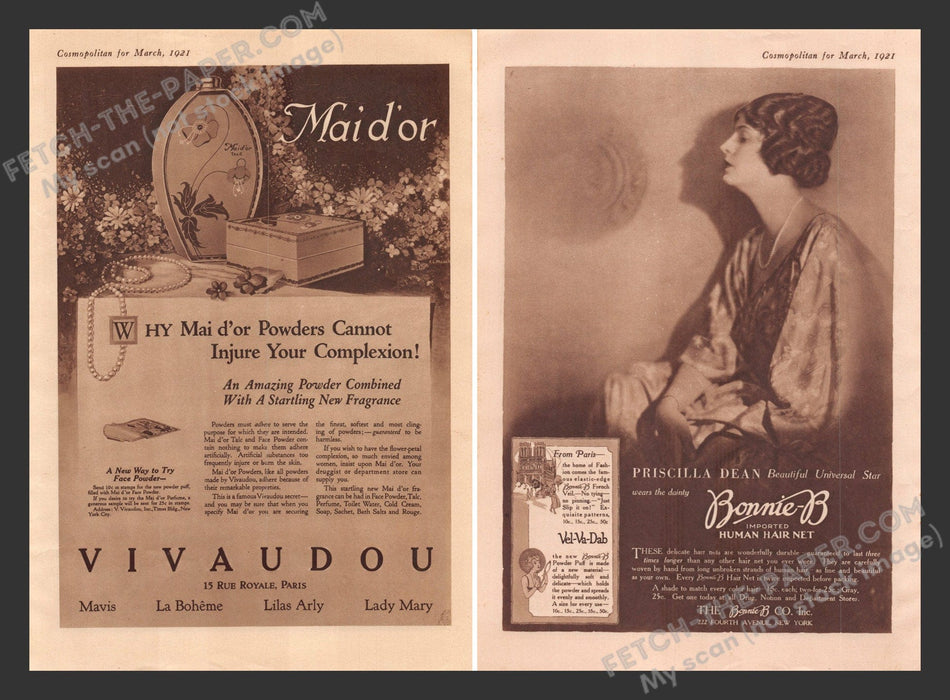 1921 Print Advertisements Front / Back Mai d'or Powder & Bonnie-B Ad.
