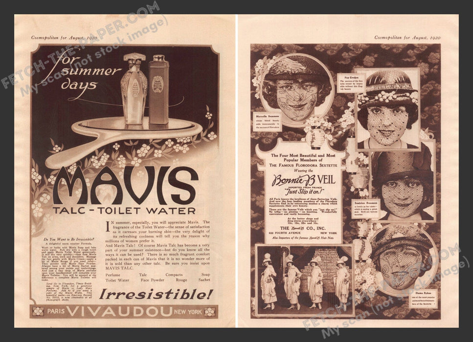 1920 Print Advertisements Front/Back Mavis Perfume & Bonnie-B Veil Ad.