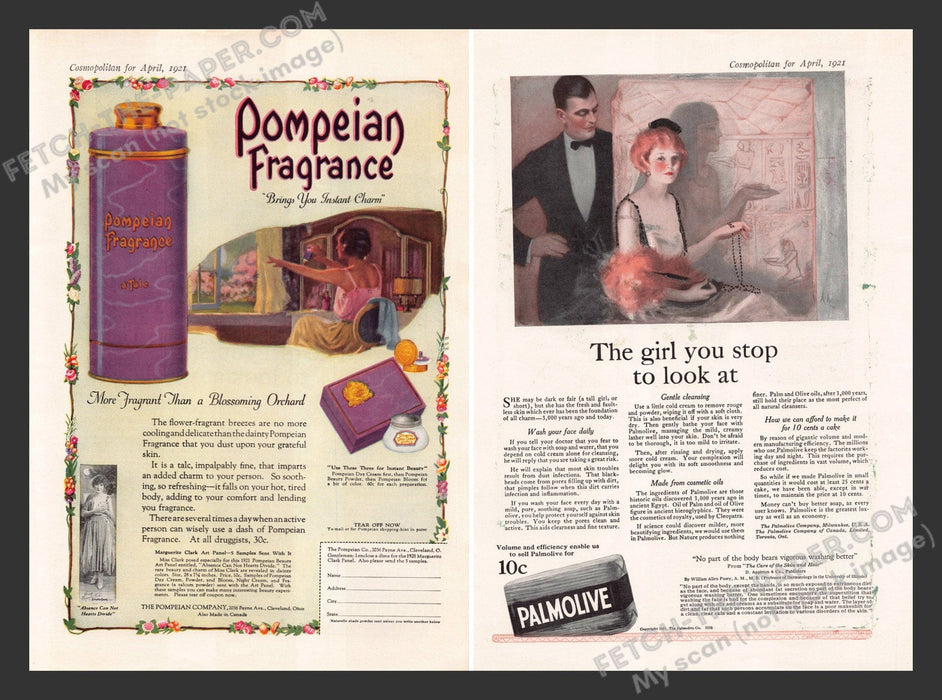 1921 Antique Print Advertisements Pompeian Fragrance & Palmolive Ad.