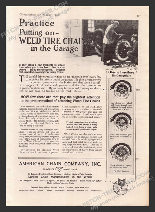 1920 Print Advertisement American Chain Co. Weed Tire Chains Ad.