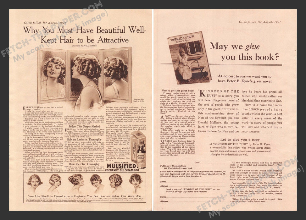 1921 Print Advertisements Watkins Mulsified Coconut Shampoo & Kyne Book Ad.