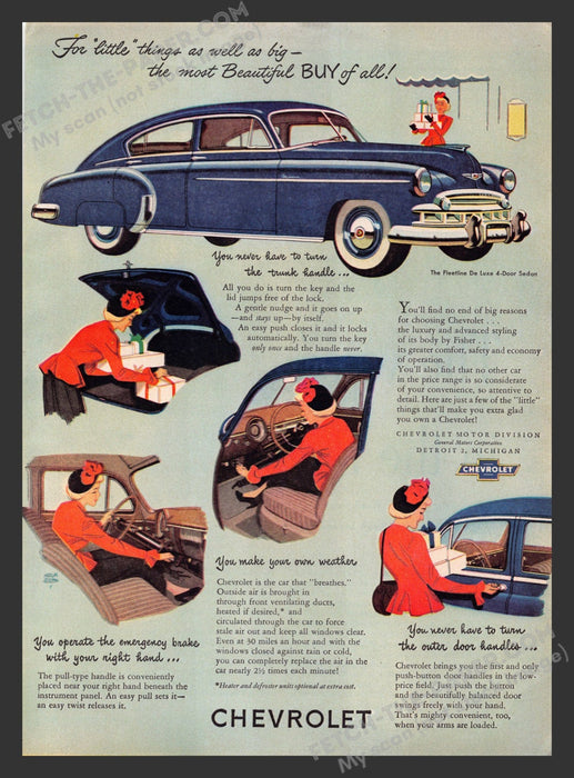 1949 Print Advertisement Chevrolet Fleetline De Luxe 4-Door Sedan Blue Ad.