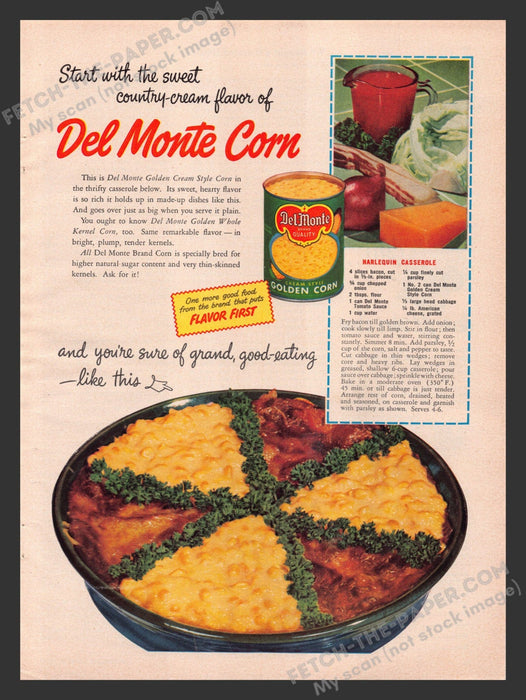 1949 Print Advertisement Del Monte Corn "Harlequin Casserole" Recipe Ad.