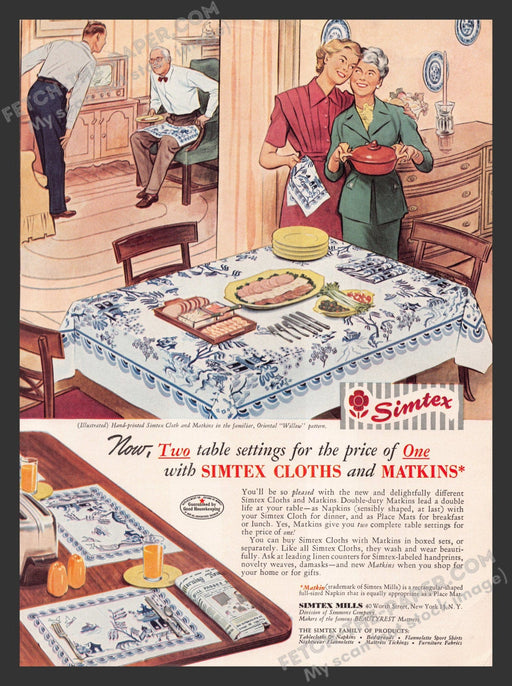 1949 Print Advertisement Simtex Cloths and Matkins "Willow" Linens Ad.