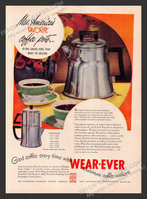 1949 Print Advertisement Wear-Ever Coffee Pots Cooking Ad.