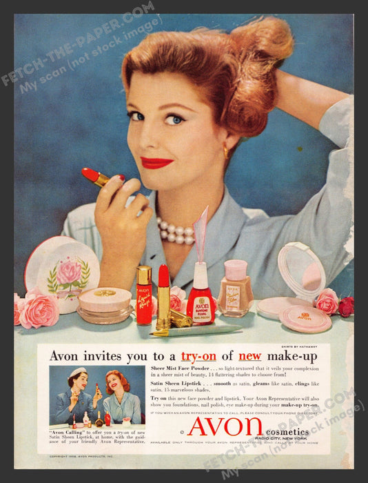 1958 Print Advertisement Avon Cosmetics Satin Sheen Makeup Ad.