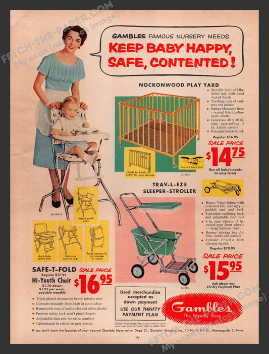 1957 Print Advertisement Gambles Nursery Crib High Chair Stroller Ad.