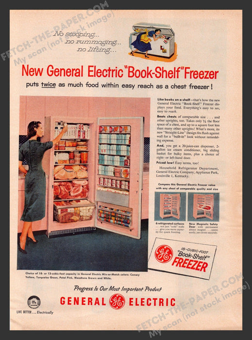 1957 Print Advertisement General Electric "Book Shelf" Freezer Appliance Ad.