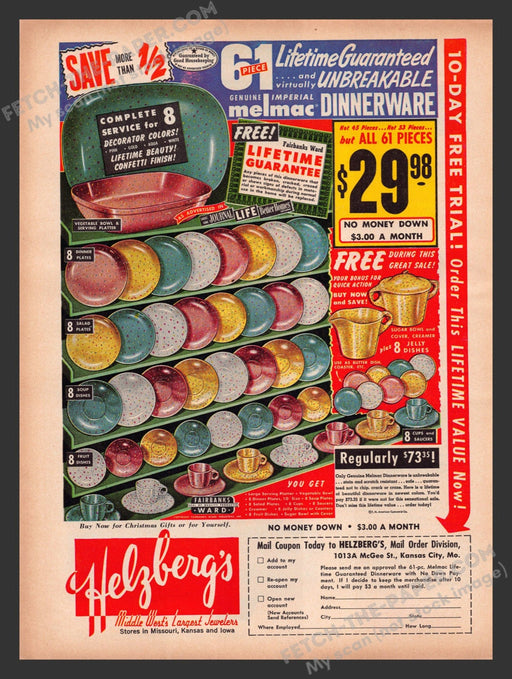 1957 Print Advertisement Helzber's Mail Order Melmac Dinnerware Kitchen Ad.