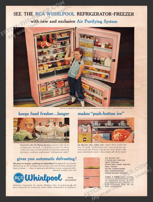 1957 Print Advertisement RCA Whirlpool Pink Refrigerator-Freezer Appliance Ad.