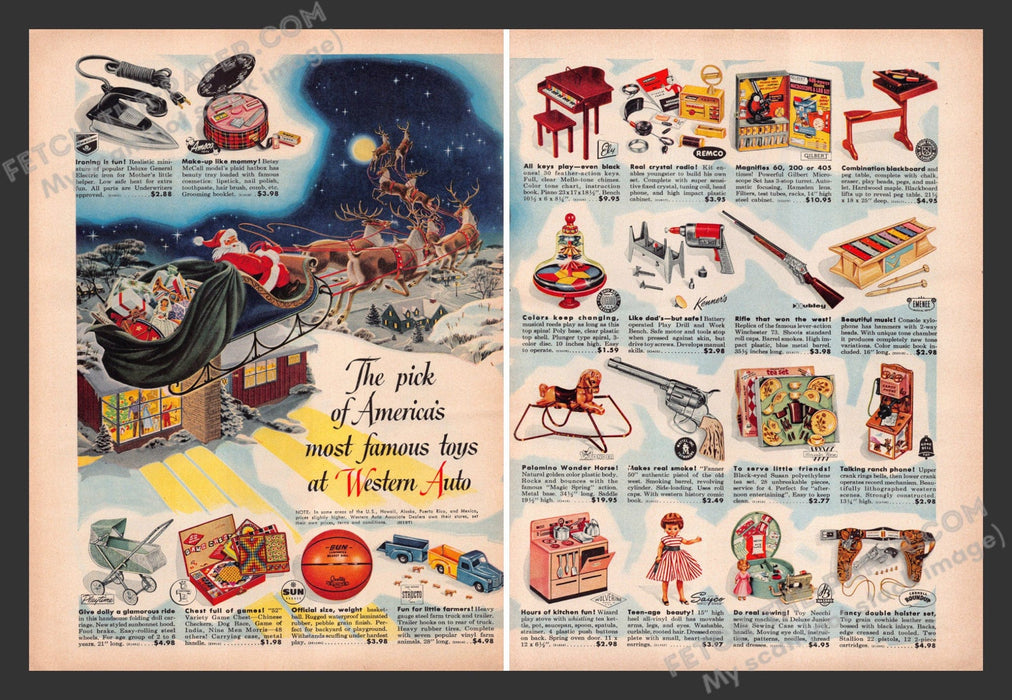 1958 Print Advertisement 2 Page Western Auto Santa Christmas Toys Ad.
