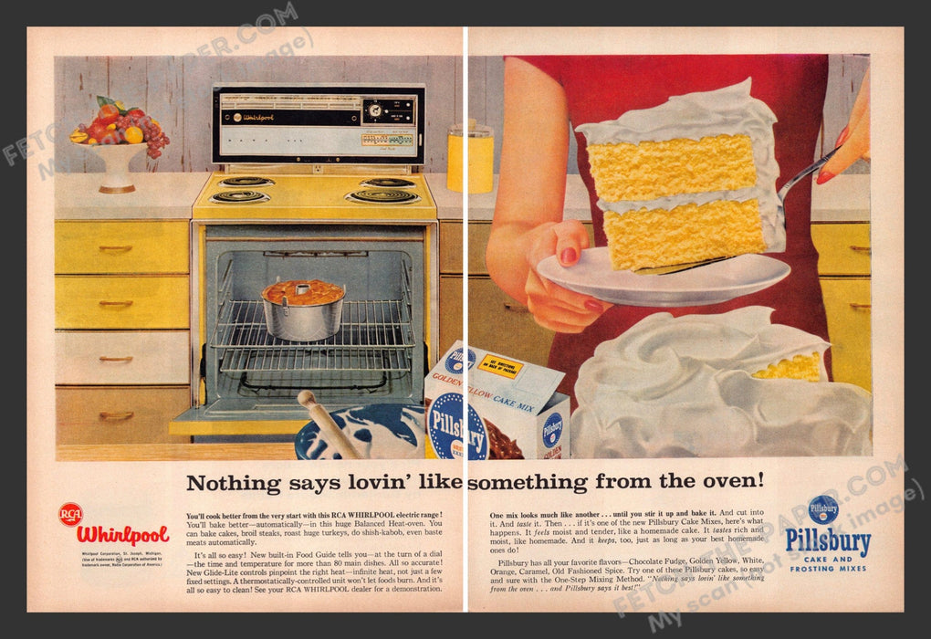 1958 Print Advertisement 2 Page Whirlpool & Pillsbury Cake Appliance Ad.