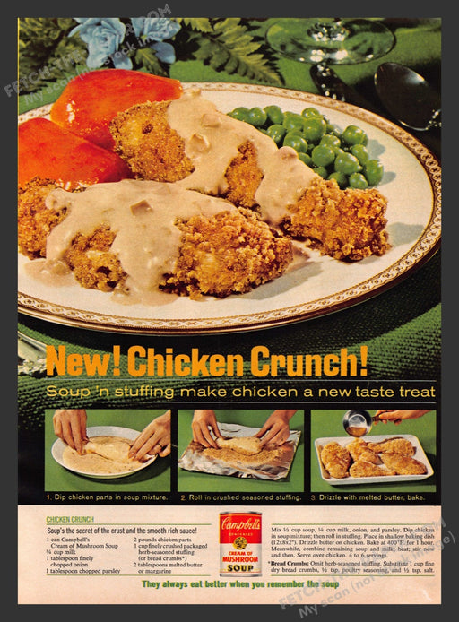 1965 Print Advertisement Campbell's Mushroom Soup Chicken Crunch Recipe Ad.